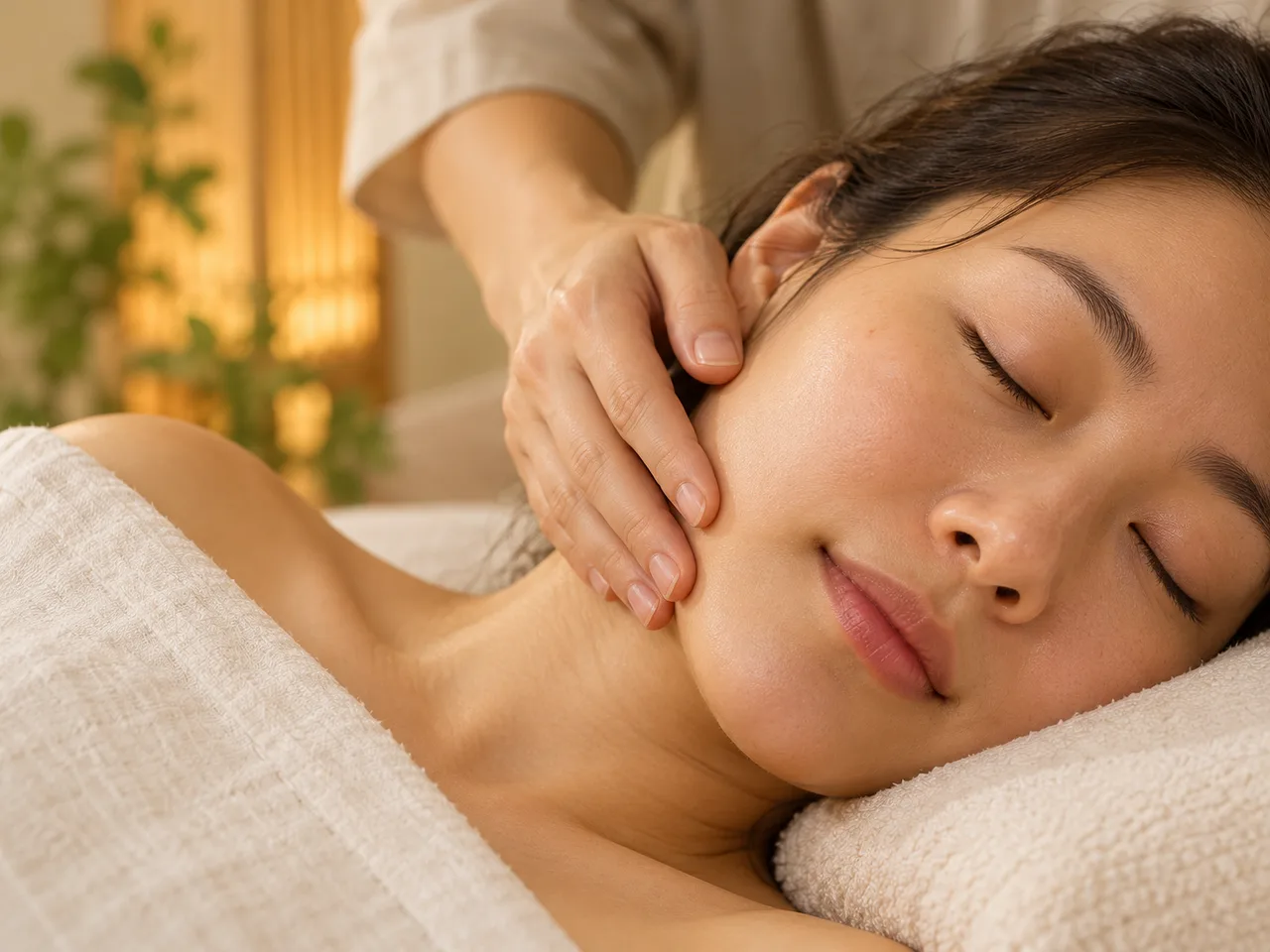 Nhịp chạm nhẹ vùng mặt trên khăn màu kem — ảnh minh họa